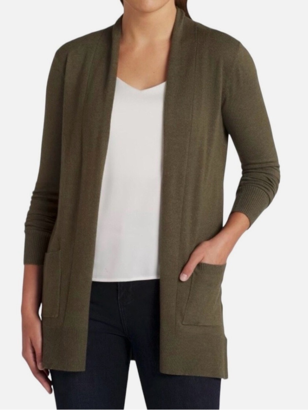 Pink Clover Olive Green Open-Front Pocket Cardigan Size Medium